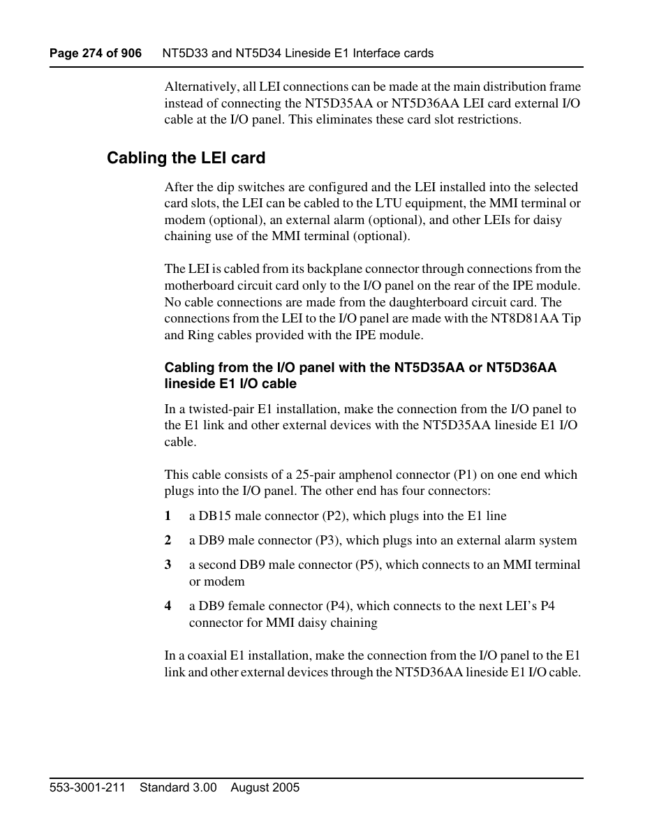 Cabling the lei card | Nortel Networks Circuit Card User Manual | Page 274 / 908