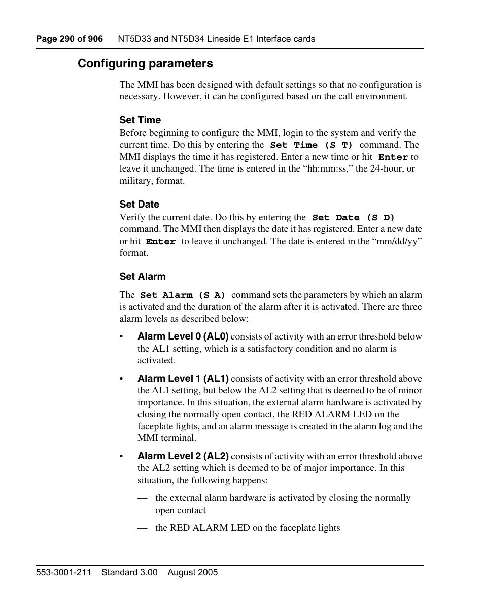 Configuring parameters, Parameters, see “set alarm” on | Nortel Networks Circuit Card User Manual | Page 290 / 908