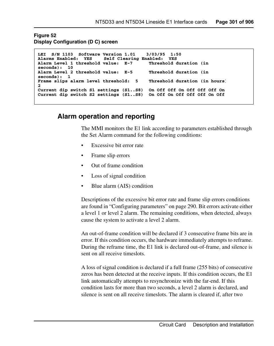 Alarm operation and reporting | Nortel Networks Circuit Card User Manual | Page 301 / 908