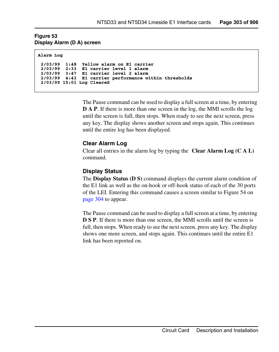 Display status” on | Nortel Networks Circuit Card User Manual | Page 303 / 908