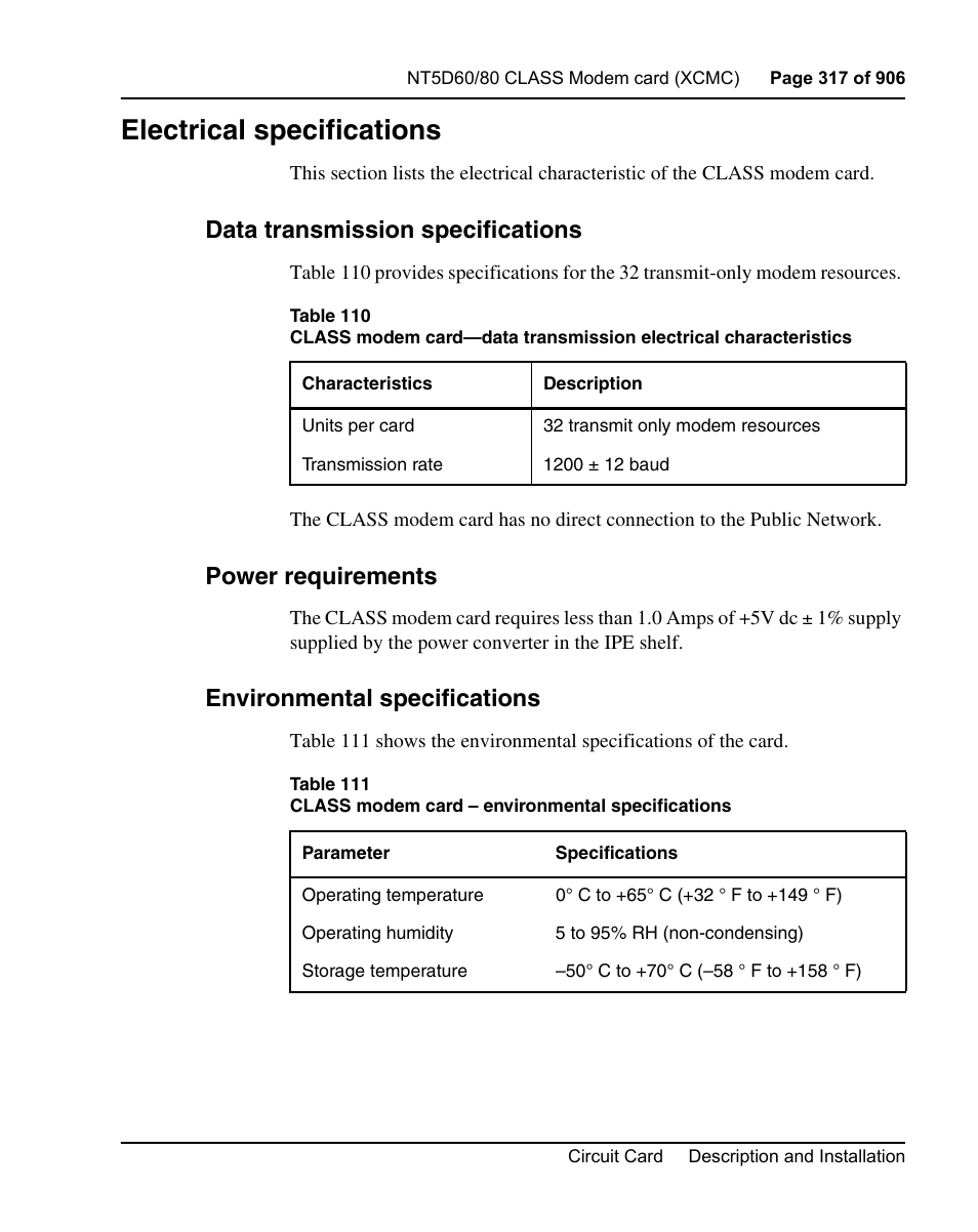 Electrical specifications, Data transmission specifications, Power requirements | Environmental specifications | Nortel Networks Circuit Card User Manual | Page 317 / 908