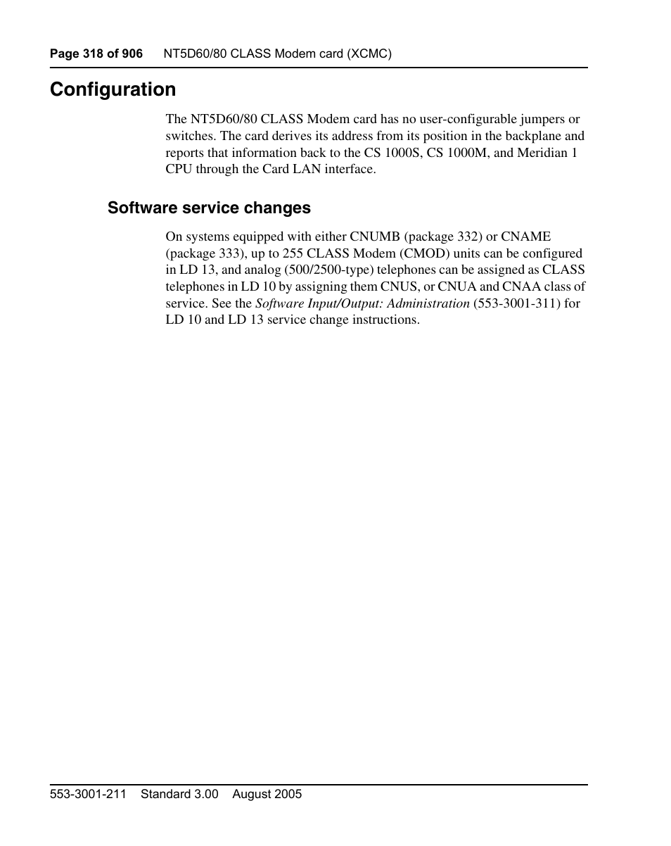 Configuration, Software service changes | Nortel Networks Circuit Card User Manual | Page 318 / 908