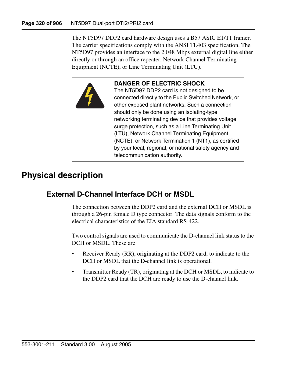 Physical description, External d-channel interface dch or msdl | Nortel Networks Circuit Card User Manual | Page 320 / 908