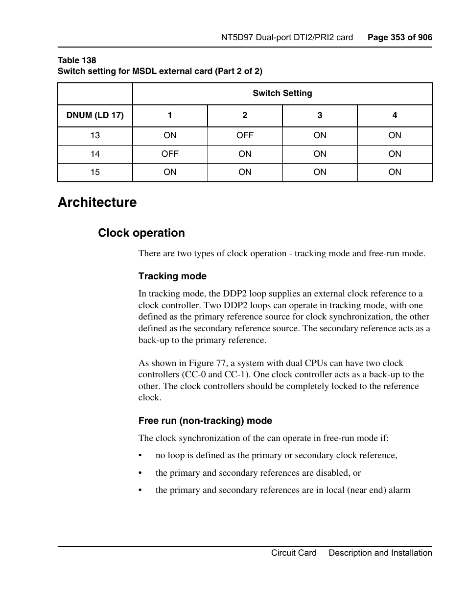 Architecture, Clock operation | Nortel Networks Circuit Card User Manual | Page 353 / 908