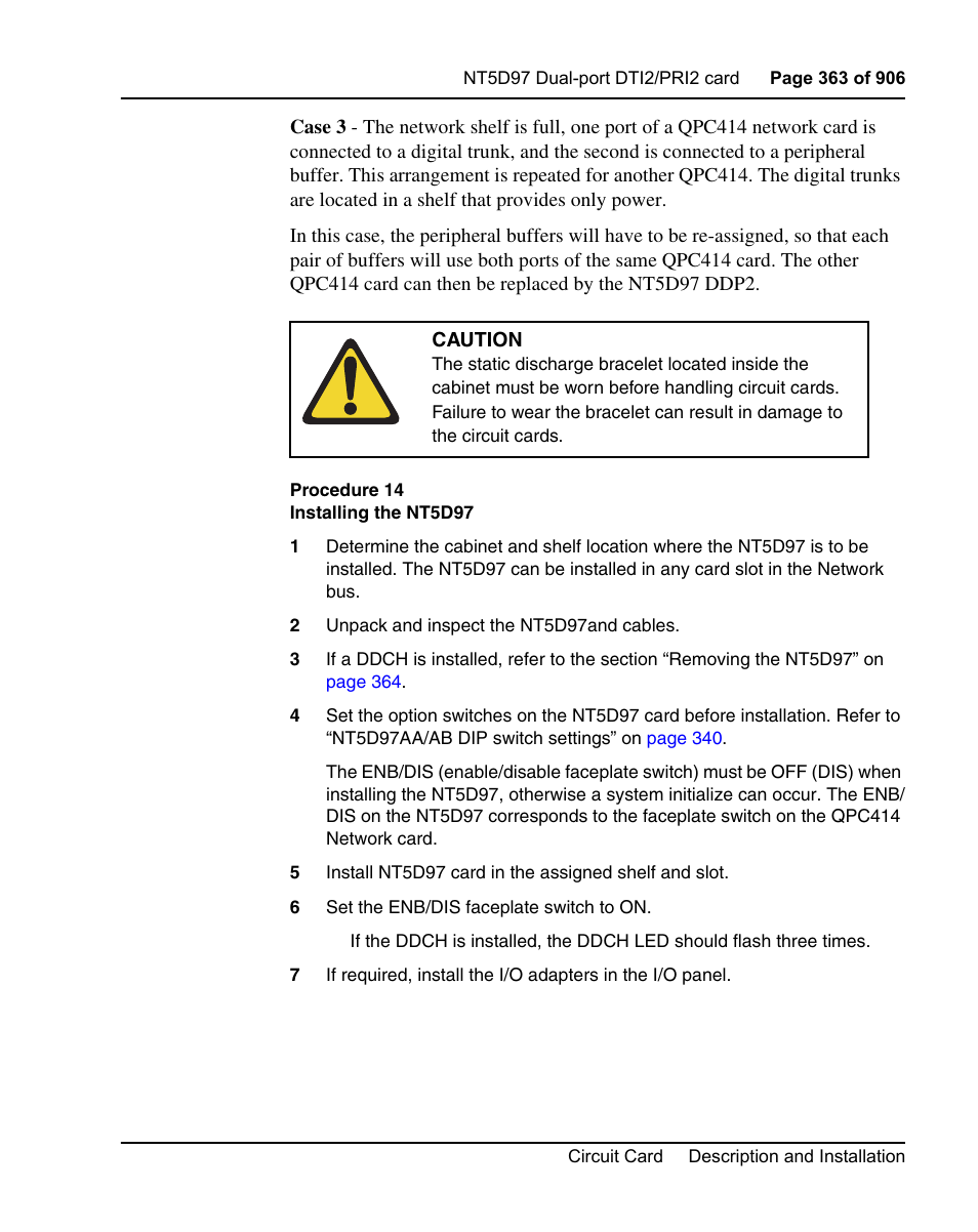 Procedure 14 installing the nt5d97 | Nortel Networks Circuit Card User Manual | Page 363 / 908