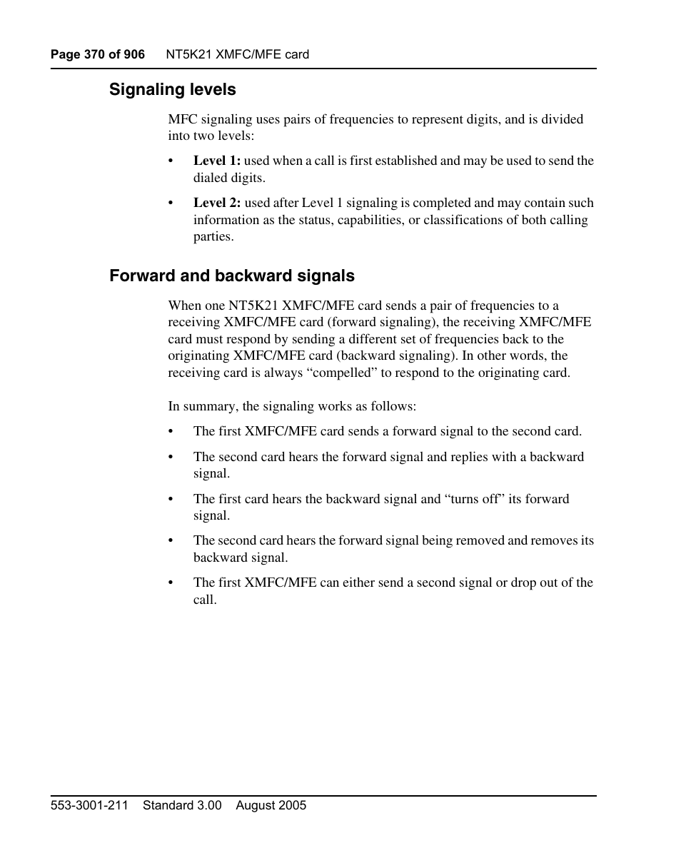 Signaling levels, Forward and backward signals | Nortel Networks Circuit Card User Manual | Page 370 / 908