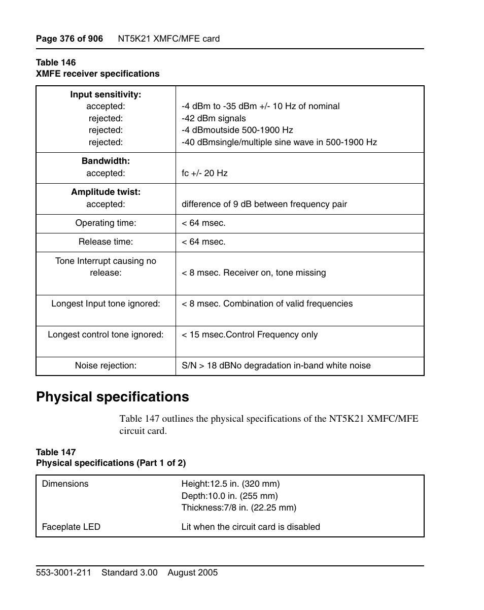 Physical specifications, Table 146 on | Nortel Networks Circuit Card User Manual | Page 376 / 908