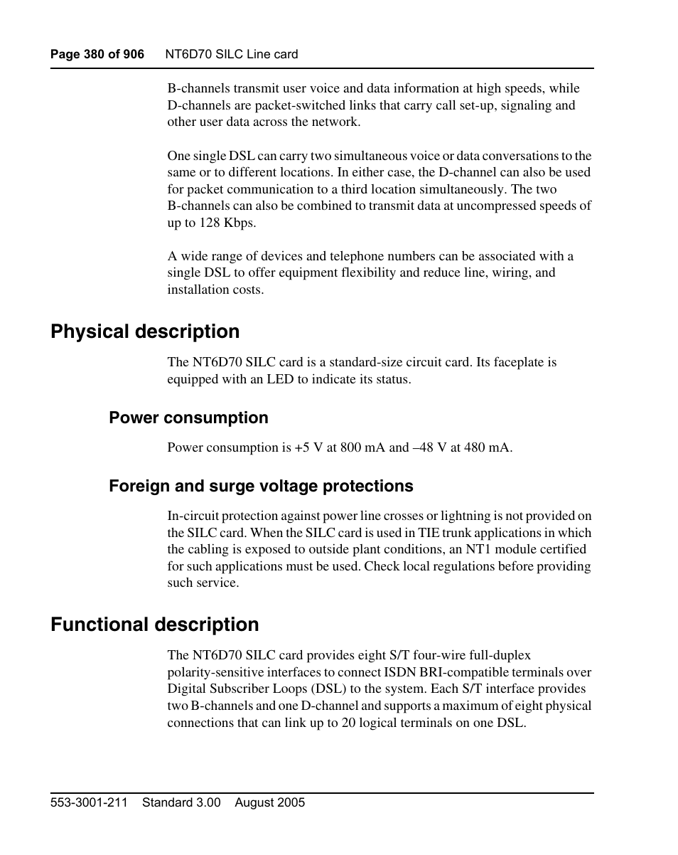 Physical description, Power consumption, Foreign and surge voltage protections | Functional description | Nortel Networks Circuit Card User Manual | Page 380 / 908