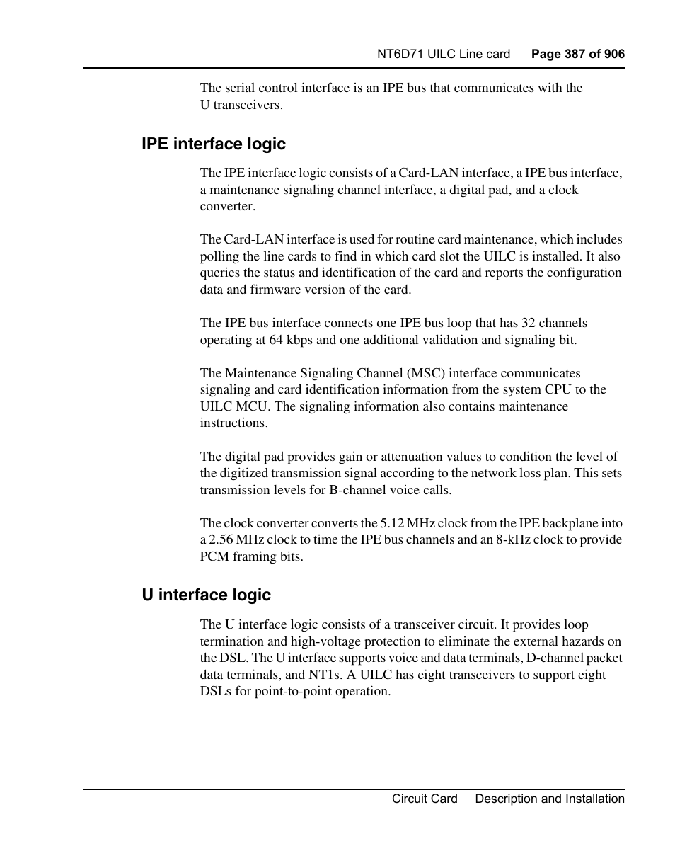 Ipe interface logic, U interface logic | Nortel Networks Circuit Card User Manual | Page 387 / 908