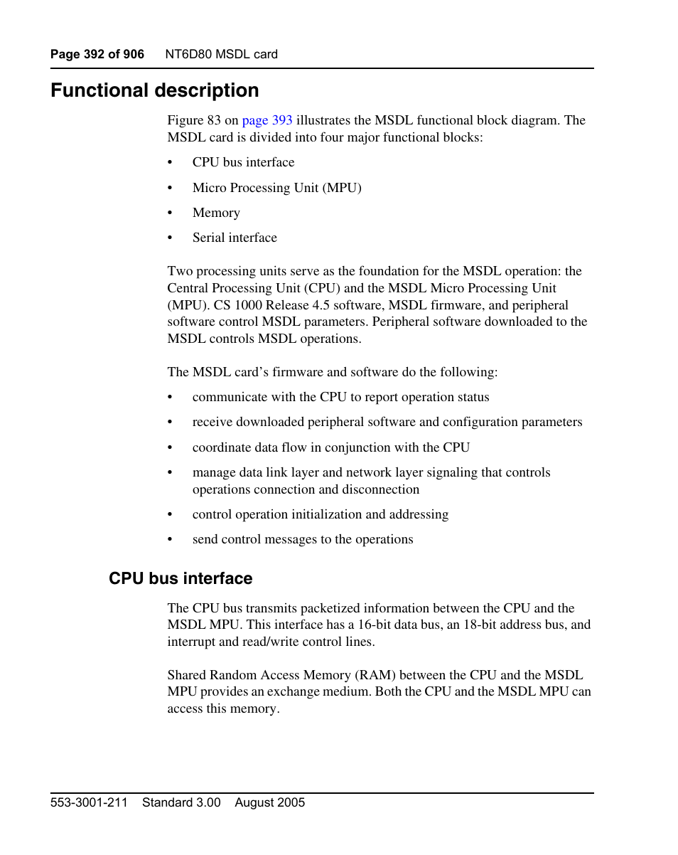 Functional description, Cpu bus interface | Nortel Networks Circuit Card User Manual | Page 392 / 908