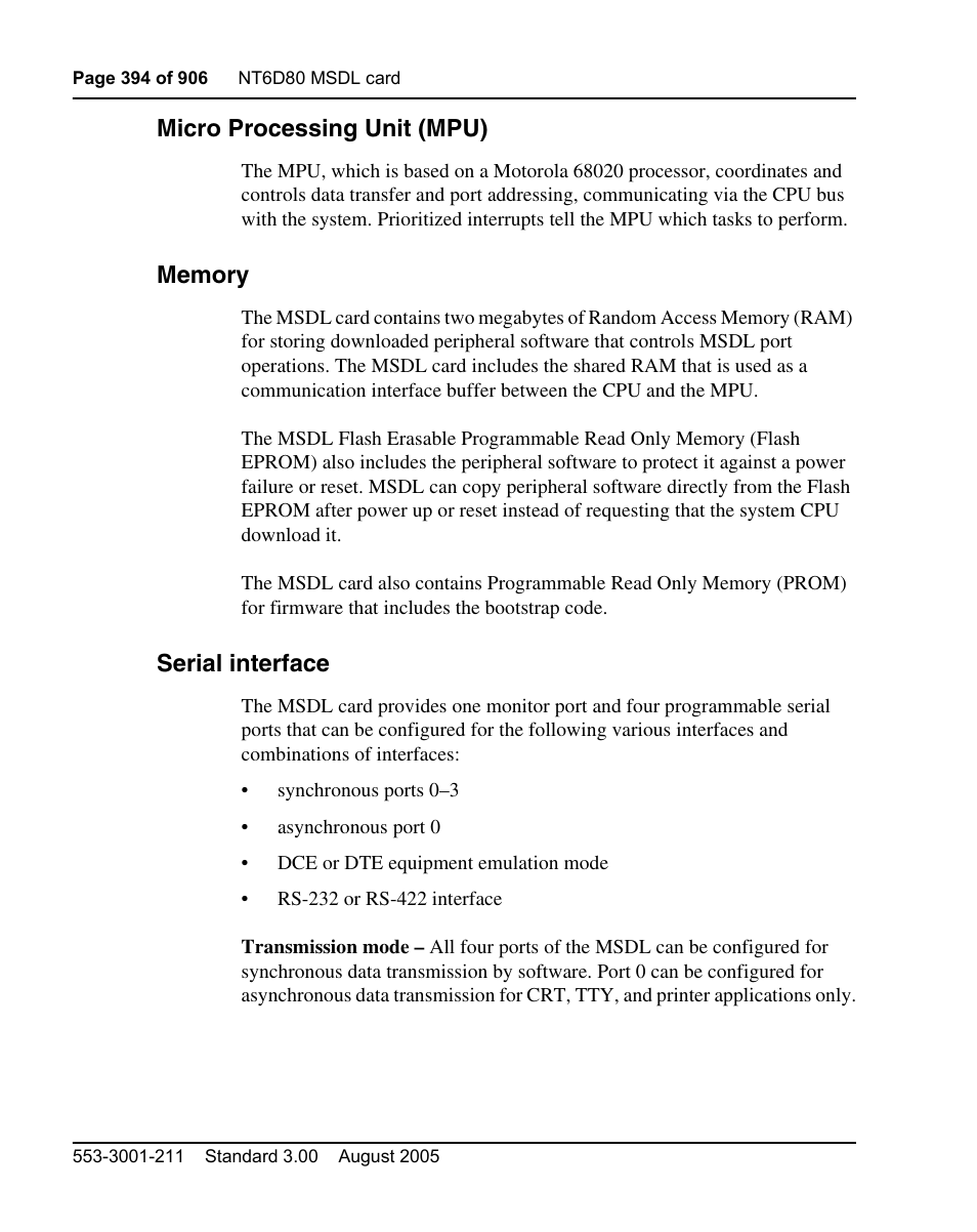 Micro processing unit (mpu), Memory, Serial interface | Nortel Networks Circuit Card User Manual | Page 394 / 908