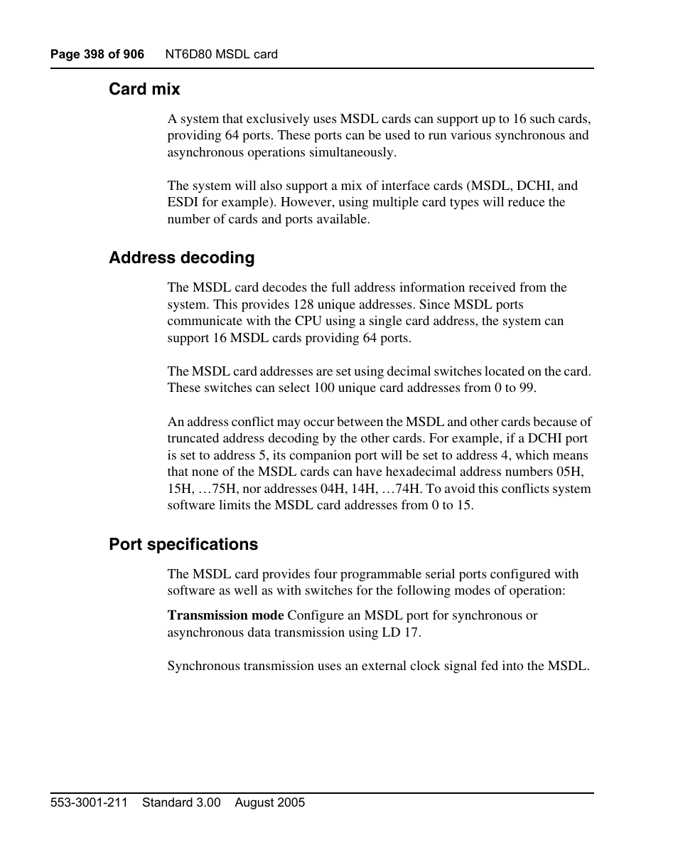 Card mix, Address decoding, Port specifications | Nortel Networks Circuit Card User Manual | Page 398 / 908