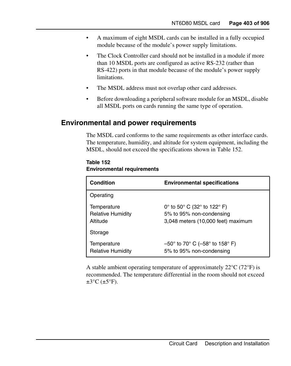 Environmental and power requirements | Nortel Networks Circuit Card User Manual | Page 403 / 908