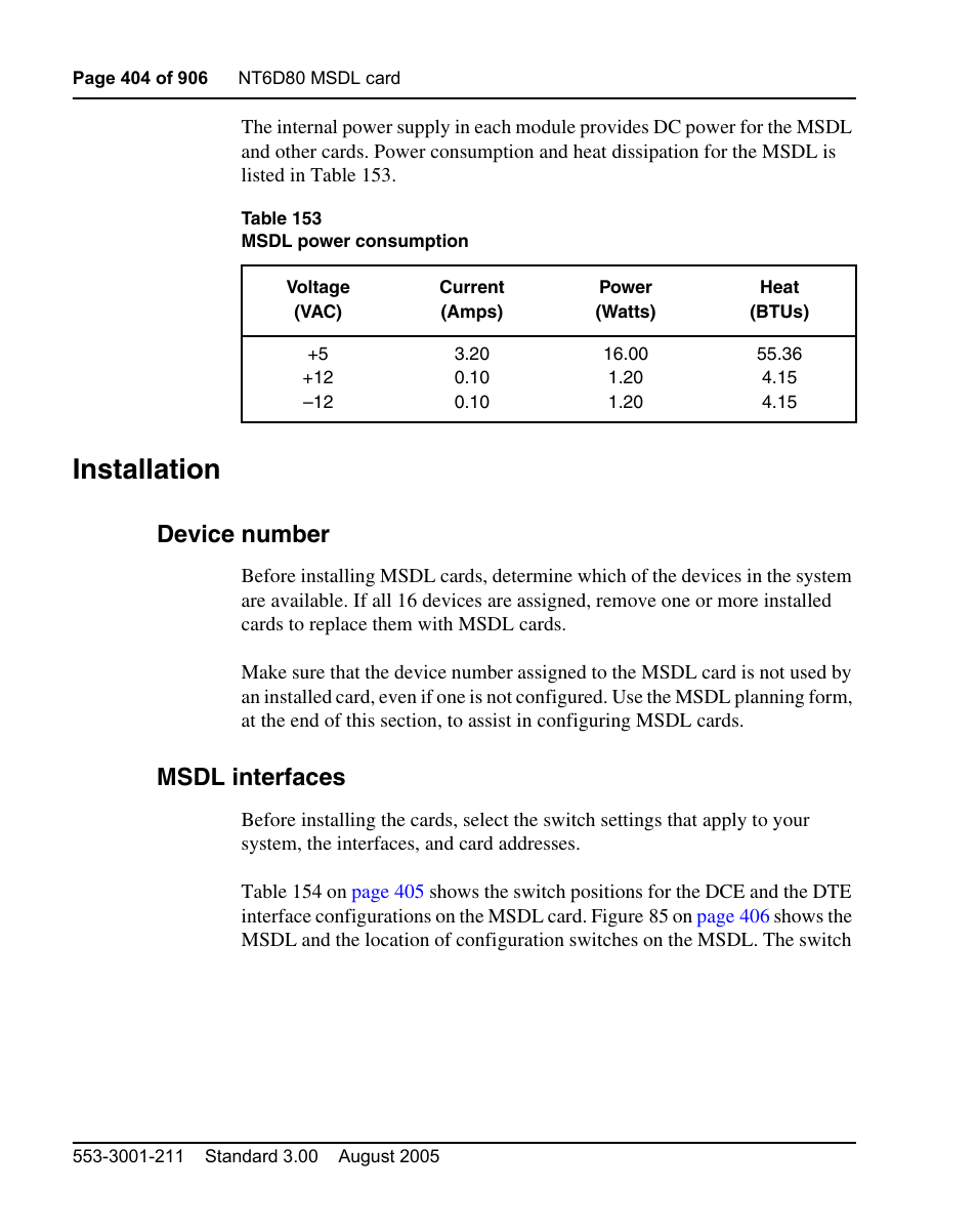 Installation, Device number, Msdl interfaces | Installation” on | Nortel Networks Circuit Card User Manual | Page 404 / 908