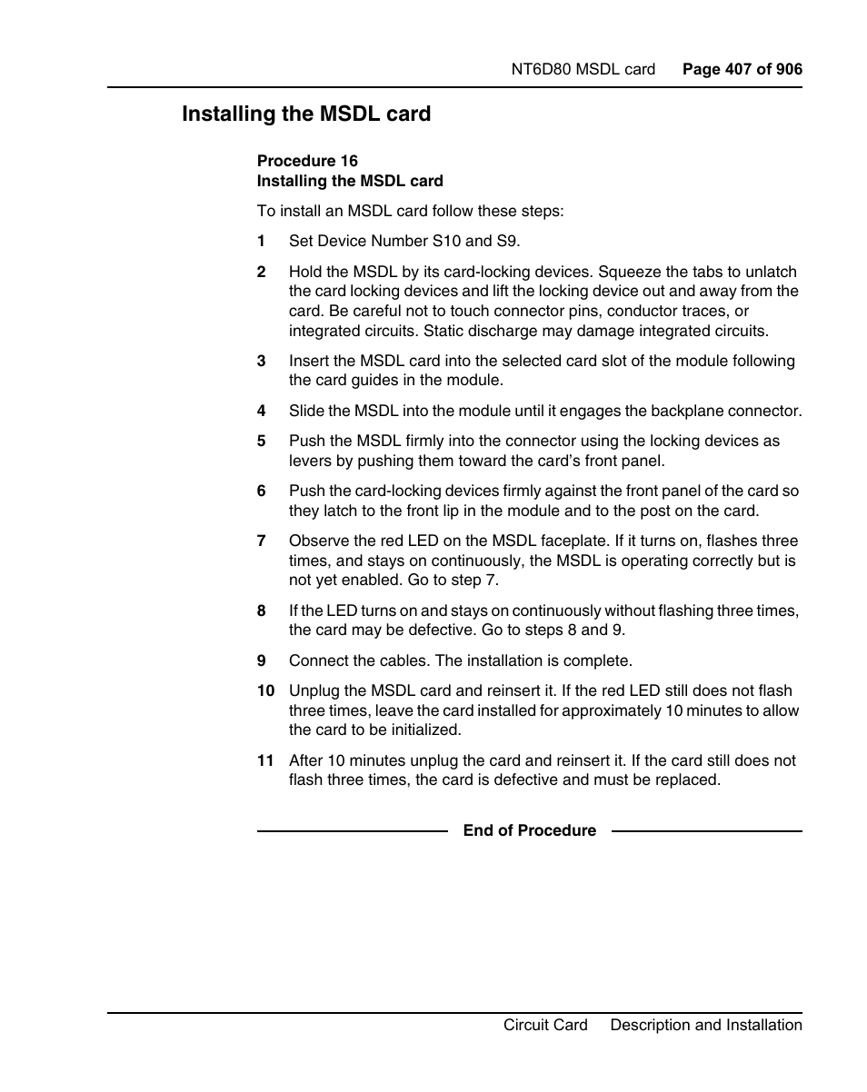 Installing the msdl card, Procedure 16 installing the msdl card | Nortel Networks Circuit Card User Manual | Page 407 / 908