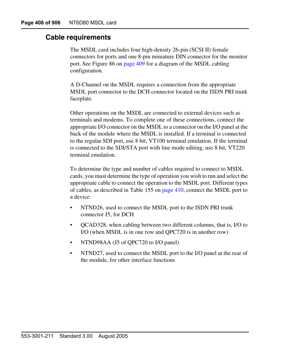 Cable requirements | Nortel Networks Circuit Card User Manual | Page 408 / 908