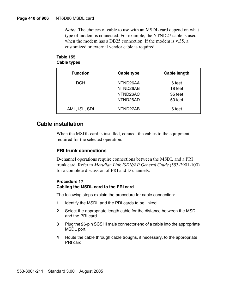 Cable installation, Procedure 17 cabling the msdl card to the pri card, D in table 155 on | Nortel Networks Circuit Card User Manual | Page 410 / 908