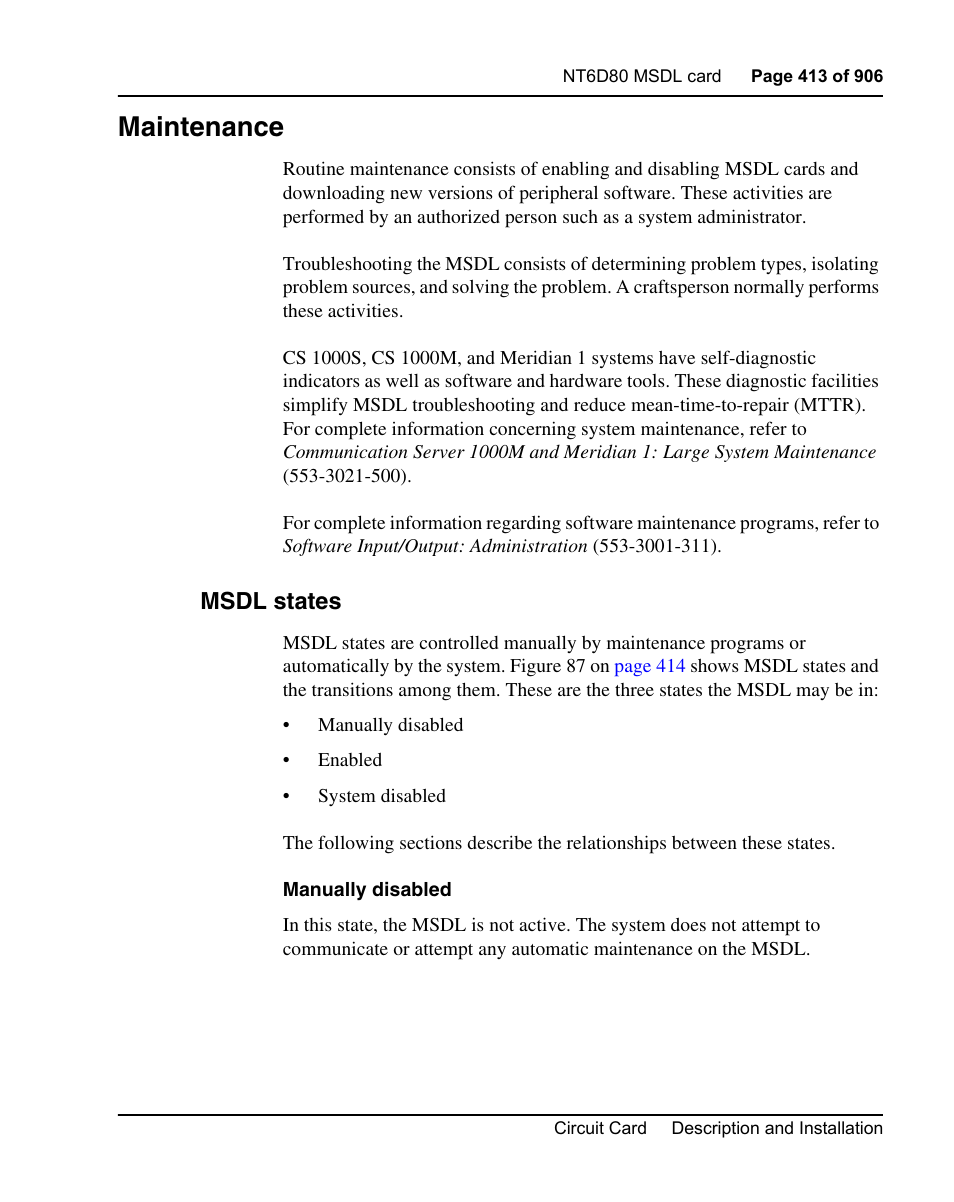 Maintenance, Msdl states | Nortel Networks Circuit Card User Manual | Page 413 / 908