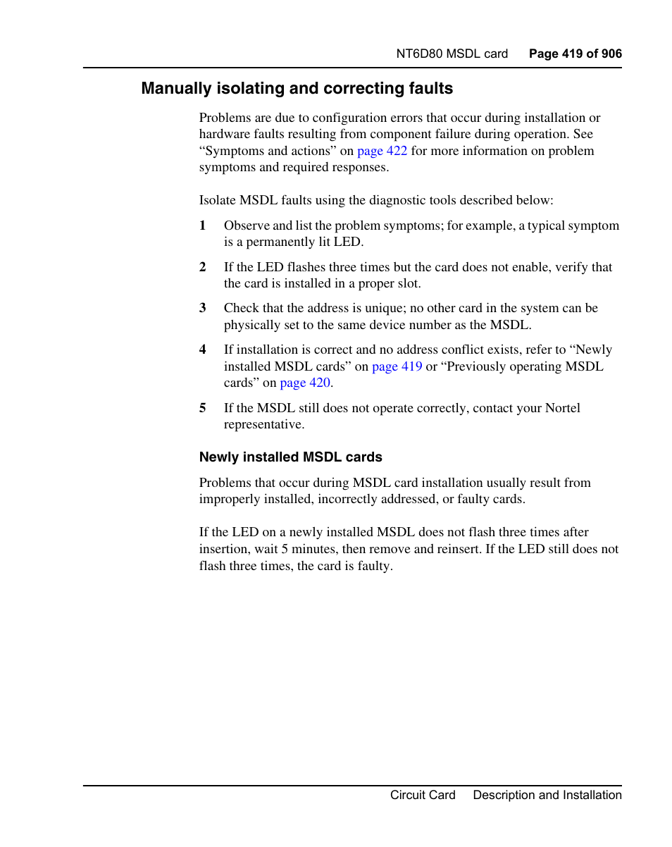 Manually isolating and correcting faults | Nortel Networks Circuit Card User Manual | Page 419 / 908