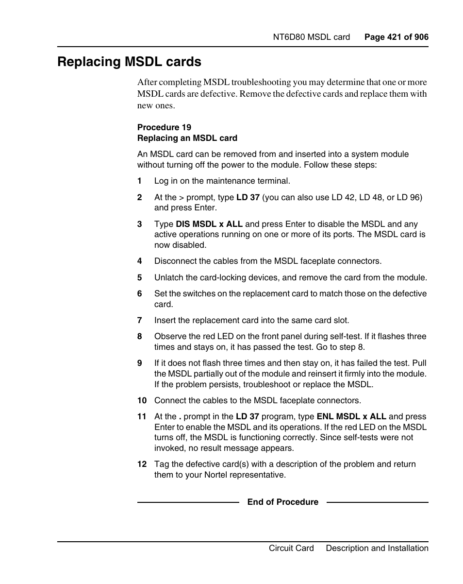 Replacing msdl cards, Procedure 19 replacing an msdl card | Nortel Networks Circuit Card User Manual | Page 421 / 908