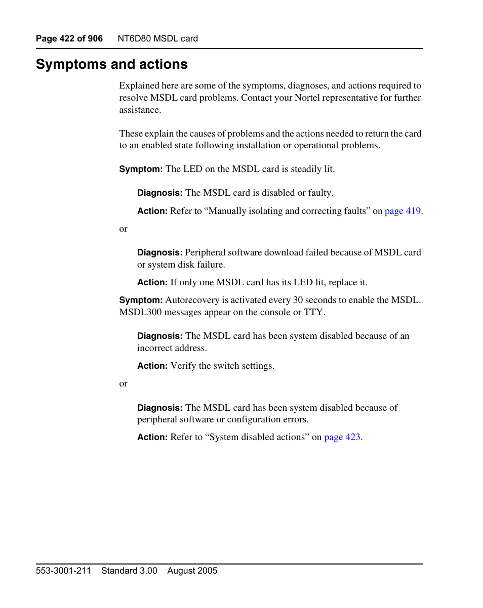 Symptoms and actions, In “symptoms and actions” on, Symptoms and actions” on | Nortel Networks Circuit Card User Manual | Page 422 / 908