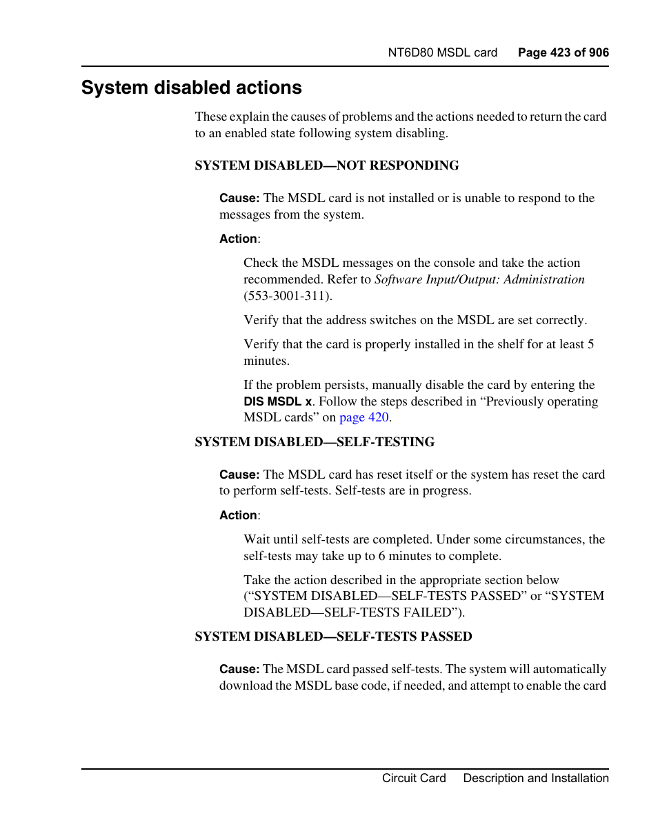 System disabled actions, System disabled actions” on | Nortel Networks Circuit Card User Manual | Page 423 / 908