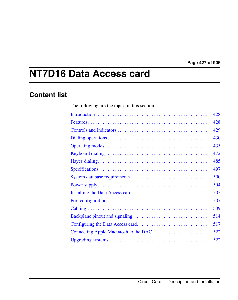 Nt7d16 data access card, Content list | Nortel Networks Circuit Card User Manual | Page 427 / 908