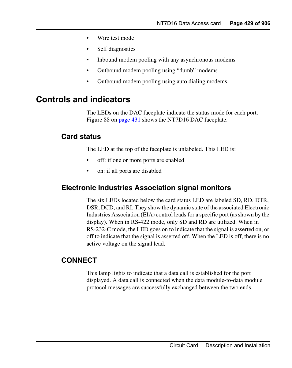 Controls and indicators, Card status, Electronic industries association signal monitors | Connect | Nortel Networks Circuit Card User Manual | Page 429 / 908