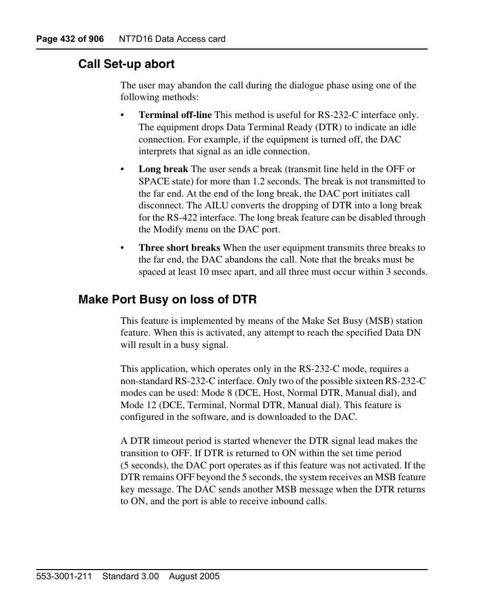 Call set-up abort, Make port busy on loss of dtr | Nortel Networks Circuit Card User Manual | Page 432 / 908