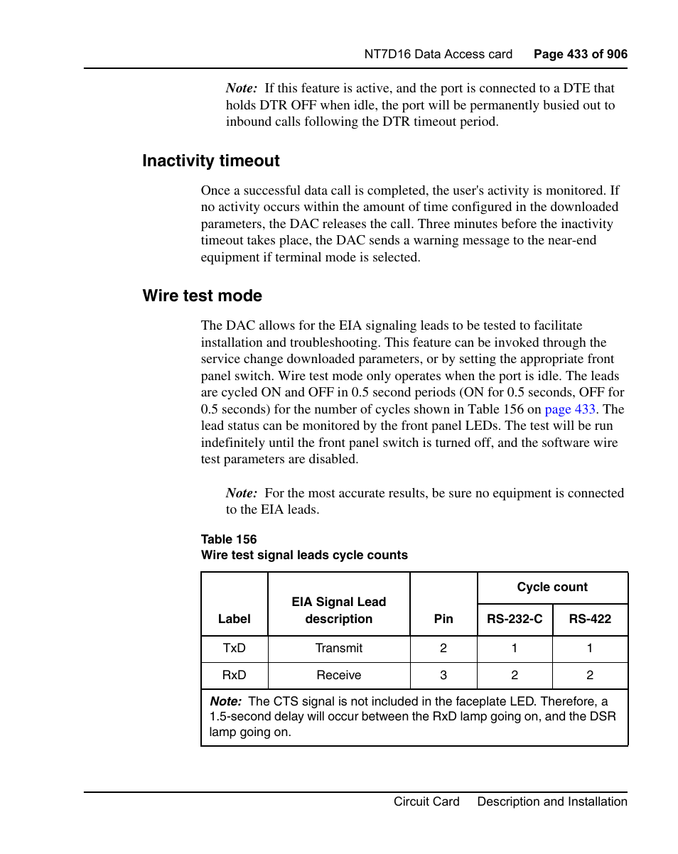 Inactivity timeout, Wire test mode | Nortel Networks Circuit Card User Manual | Page 433 / 908