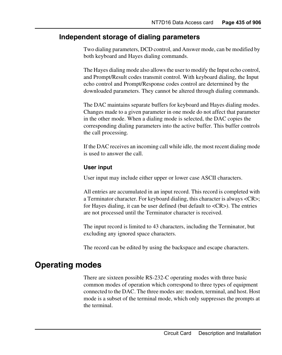 Independent storage of dialing parameters, Operating modes | Nortel Networks Circuit Card User Manual | Page 435 / 908