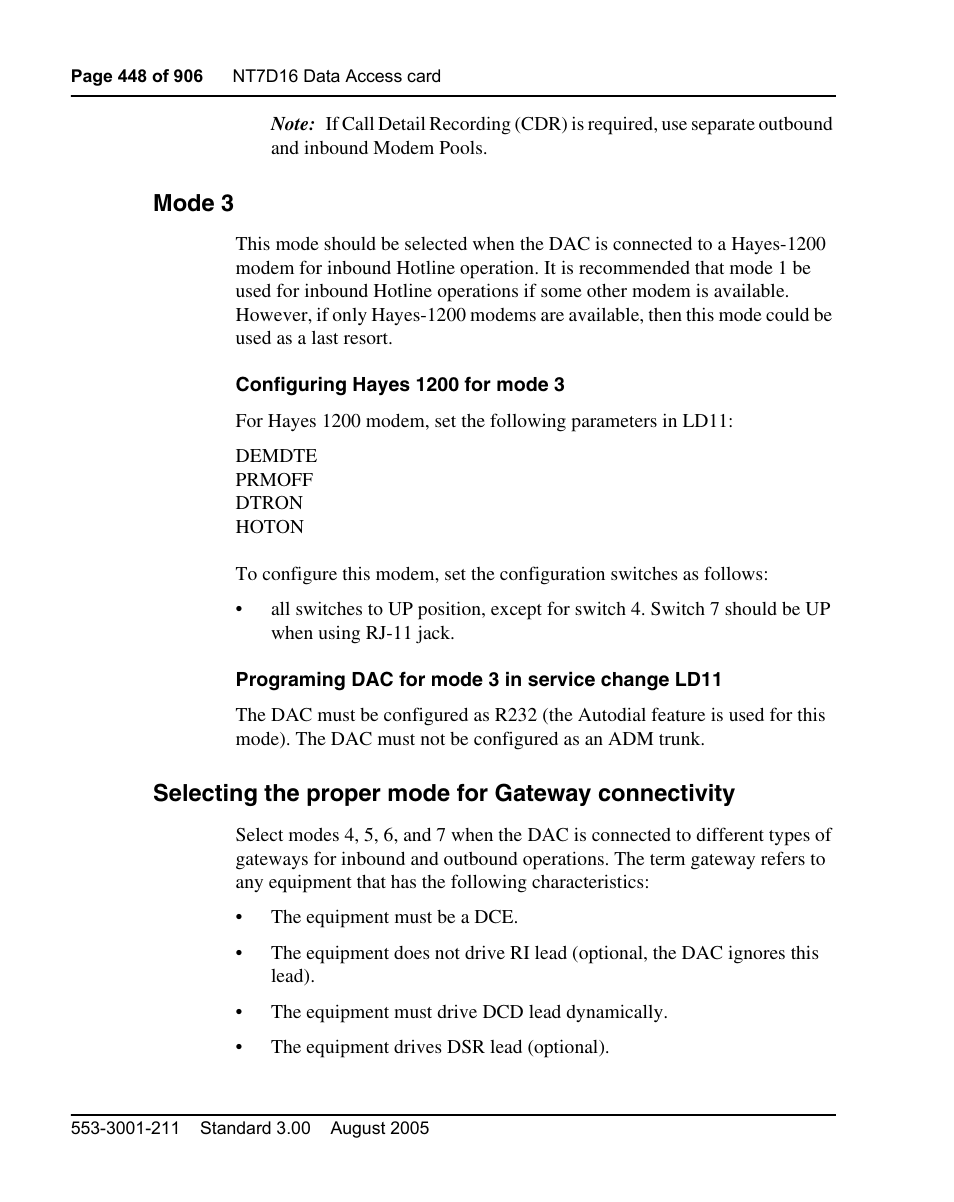 Mode 3, Selecting the proper mode for gateway connectivity | Nortel Networks Circuit Card User Manual | Page 448 / 908