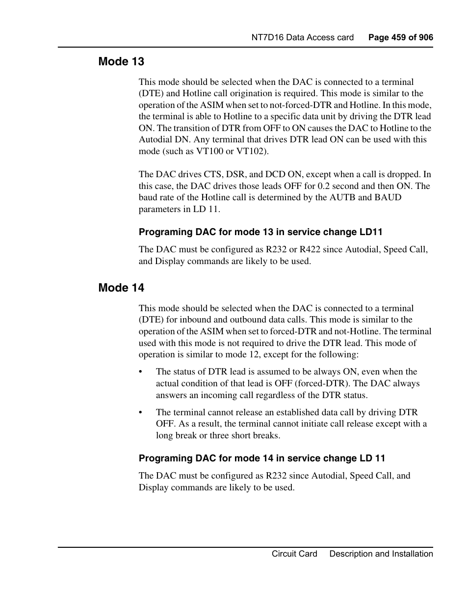 Mode 13, Mode 14 | Nortel Networks Circuit Card User Manual | Page 459 / 908
