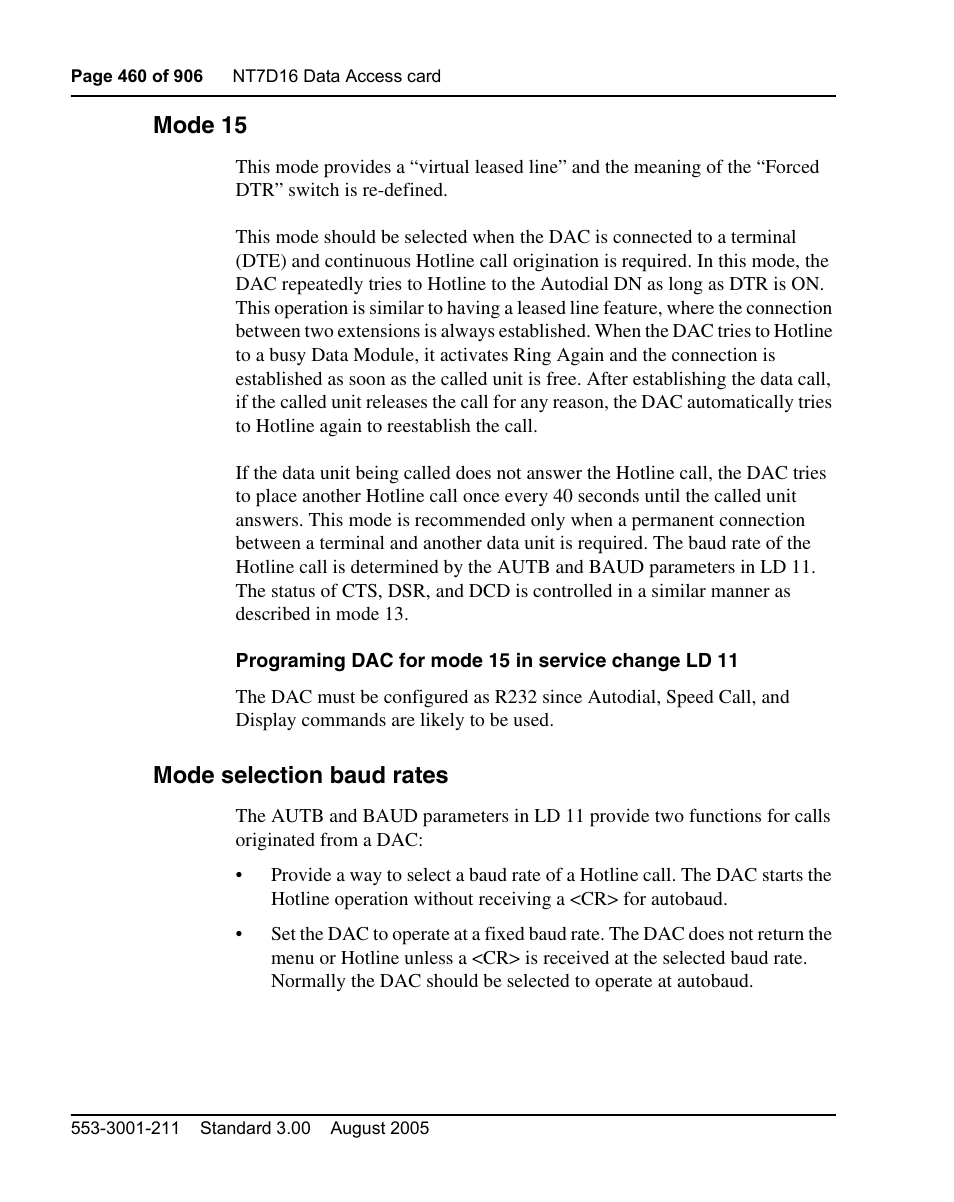 Mode 15, Mode selection baud rates | Nortel Networks Circuit Card User Manual | Page 460 / 908