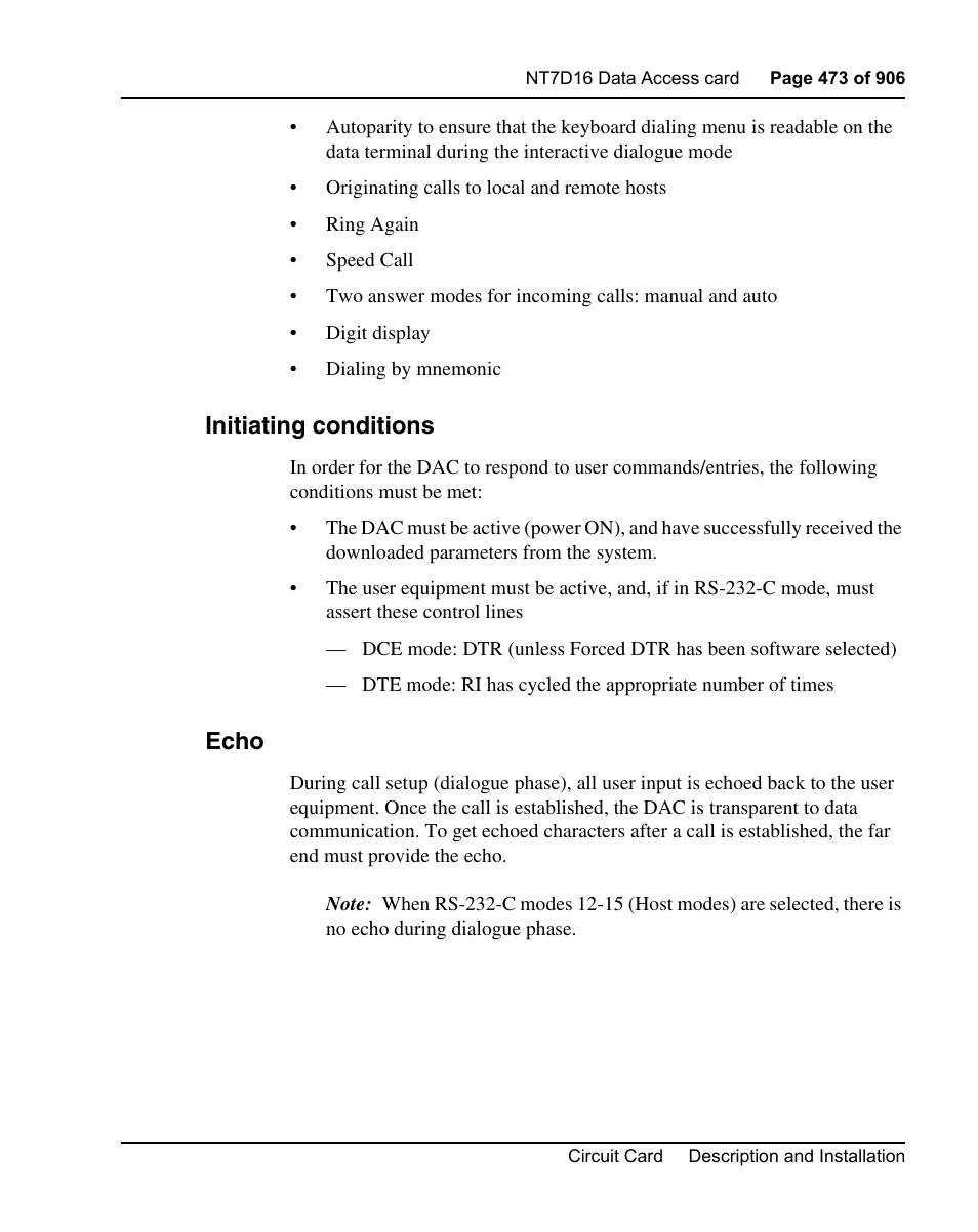 Initiating conditions, Echo | Nortel Networks Circuit Card User Manual | Page 473 / 908