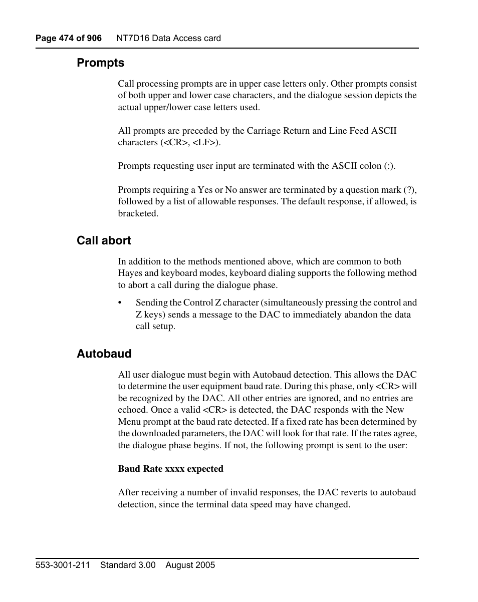 Prompts, Call abort, Autobaud | Nortel Networks Circuit Card User Manual | Page 474 / 908