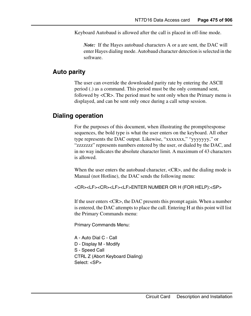 Auto parity, Dialing operation | Nortel Networks Circuit Card User Manual | Page 475 / 908