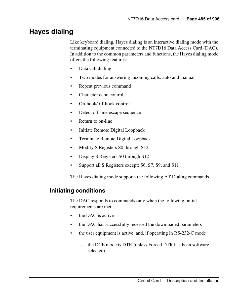 Hayes dialing, Initiating conditions | Nortel Networks Circuit Card User Manual | Page 485 / 908