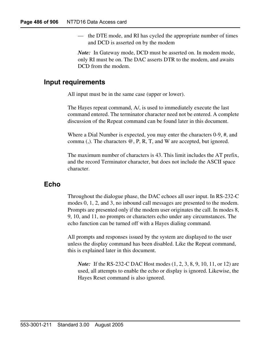 Input requirements, Echo | Nortel Networks Circuit Card User Manual | Page 486 / 908