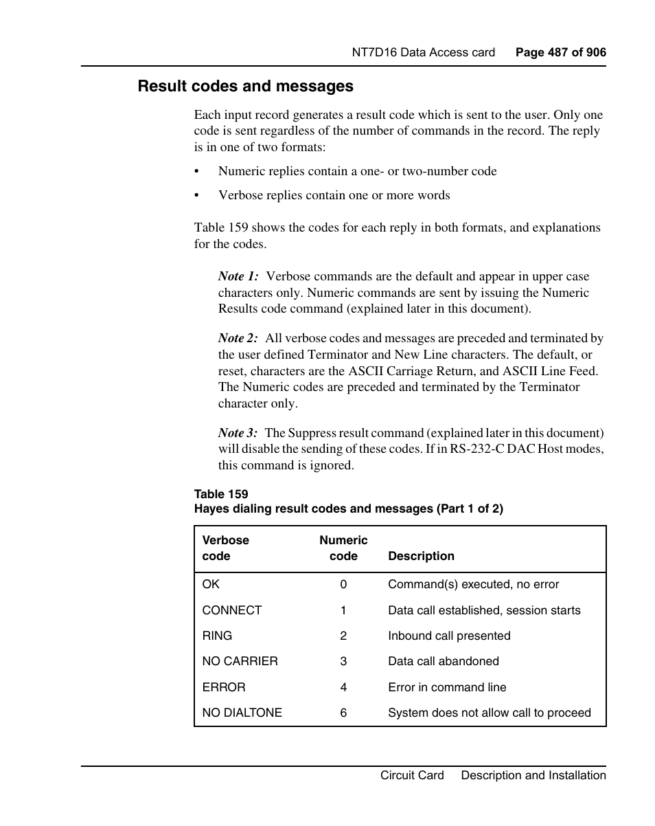 Result codes and messages | Nortel Networks Circuit Card User Manual | Page 487 / 908