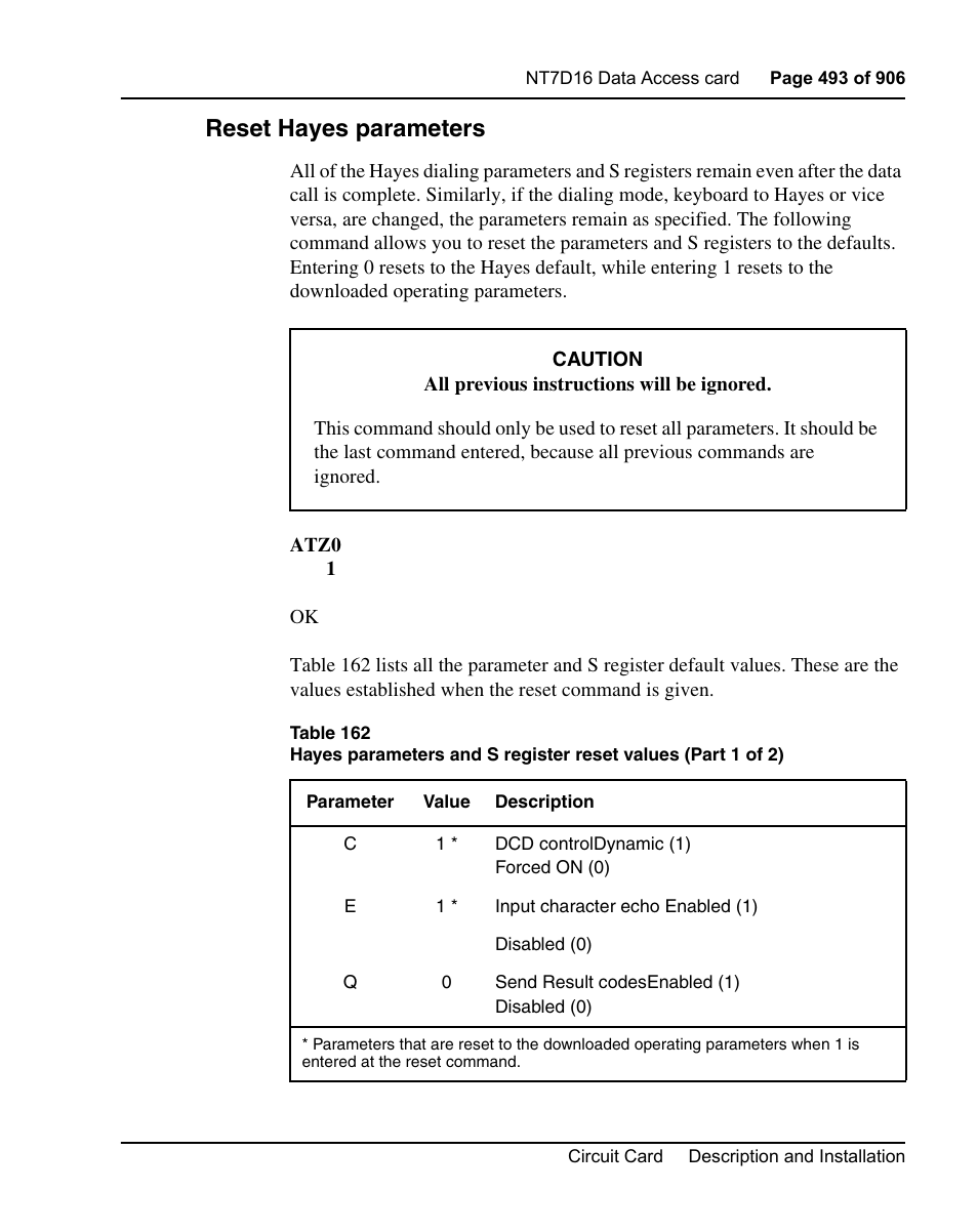 Reset hayes parameters | Nortel Networks Circuit Card User Manual | Page 493 / 908