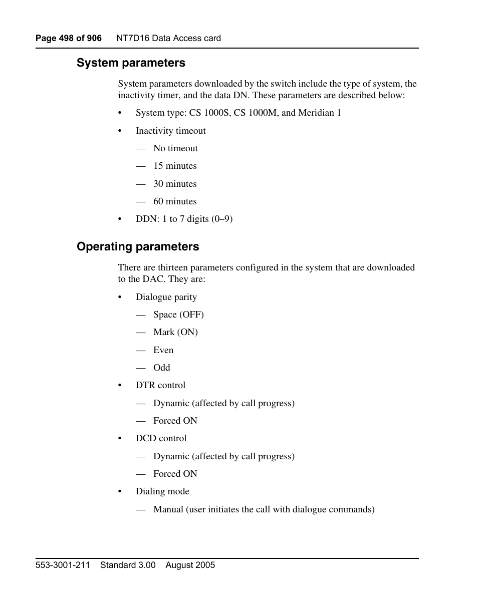 System parameters, Operating parameters | Nortel Networks Circuit Card User Manual | Page 498 / 908