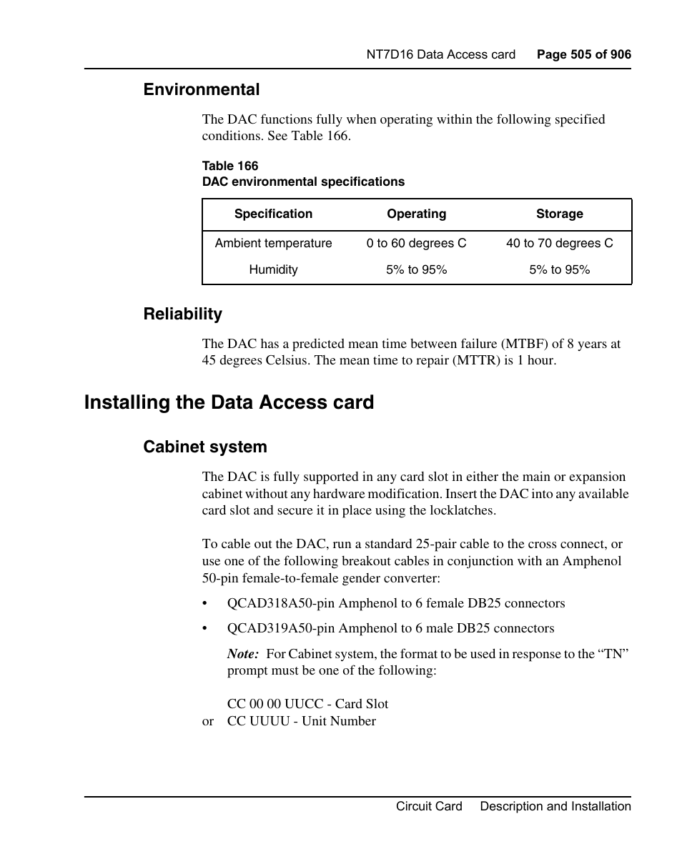 Environmental, Reliability, Installing the data access card | Cabinet system | Nortel Networks Circuit Card User Manual | Page 505 / 908