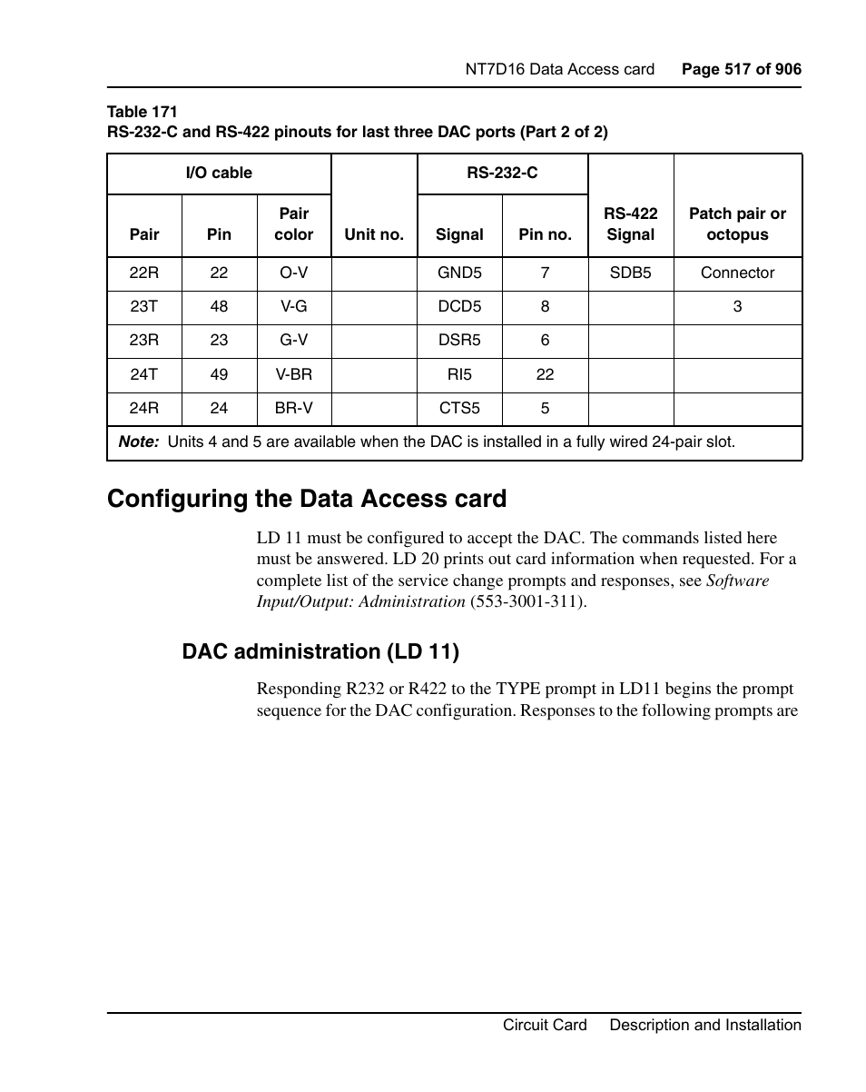Configuring the data access card, Dac administration (ld 11) | Nortel Networks Circuit Card User Manual | Page 517 / 908