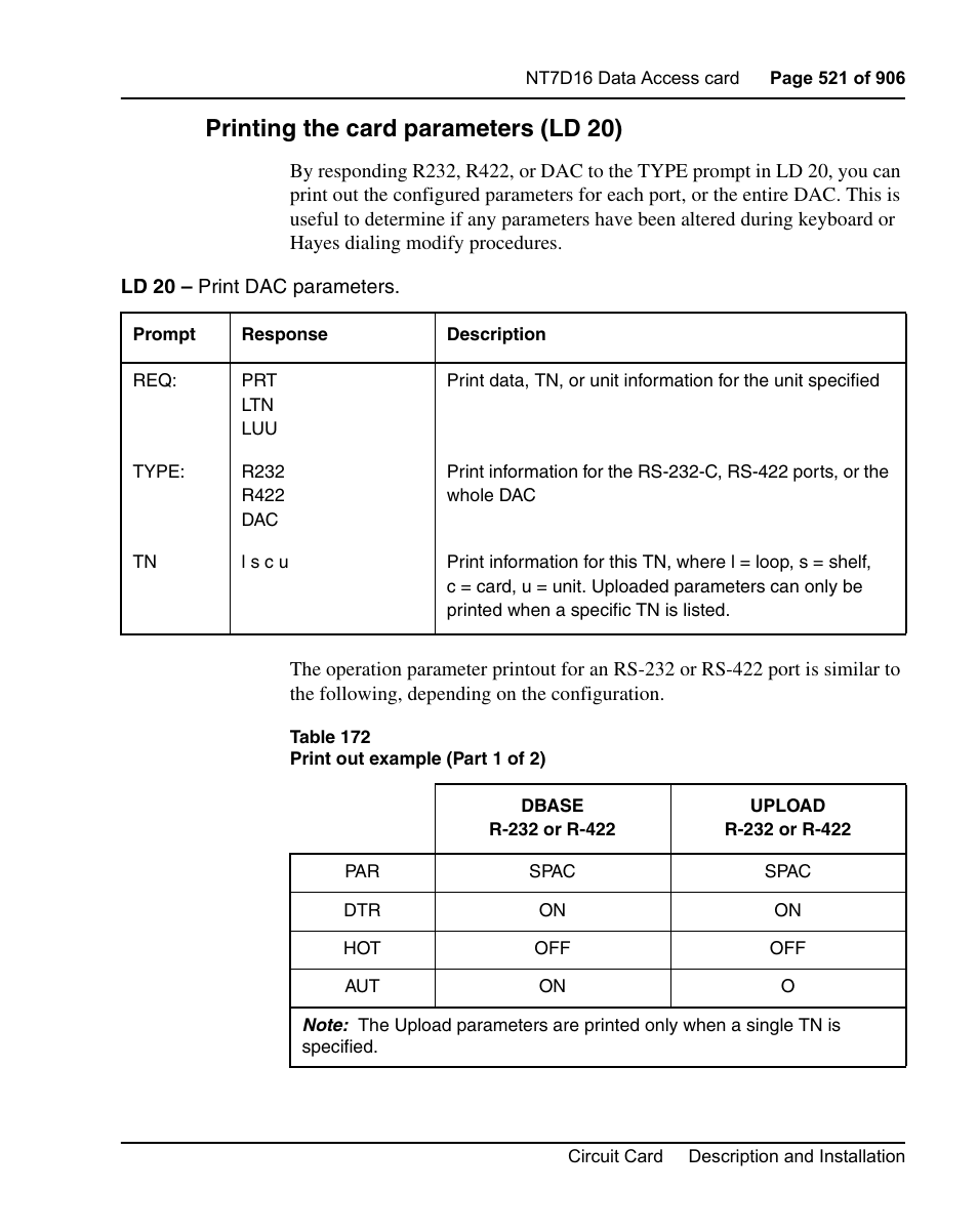 Printing the card parameters (ld 20) | Nortel Networks Circuit Card User Manual | Page 521 / 908