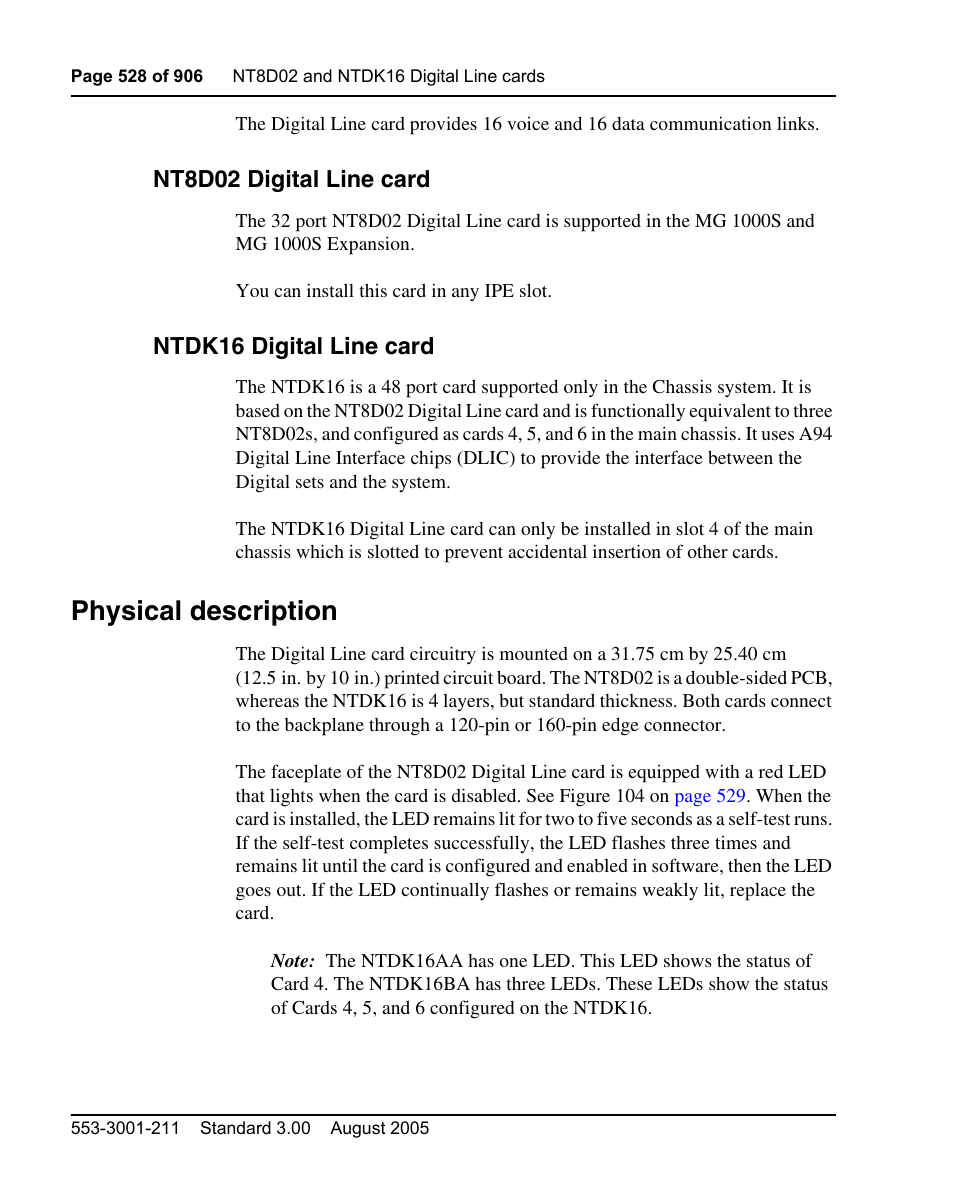 Nt8d02 digital line card, Ntdk16 digital line card, Physical description | Nortel Networks Circuit Card User Manual | Page 528 / 908