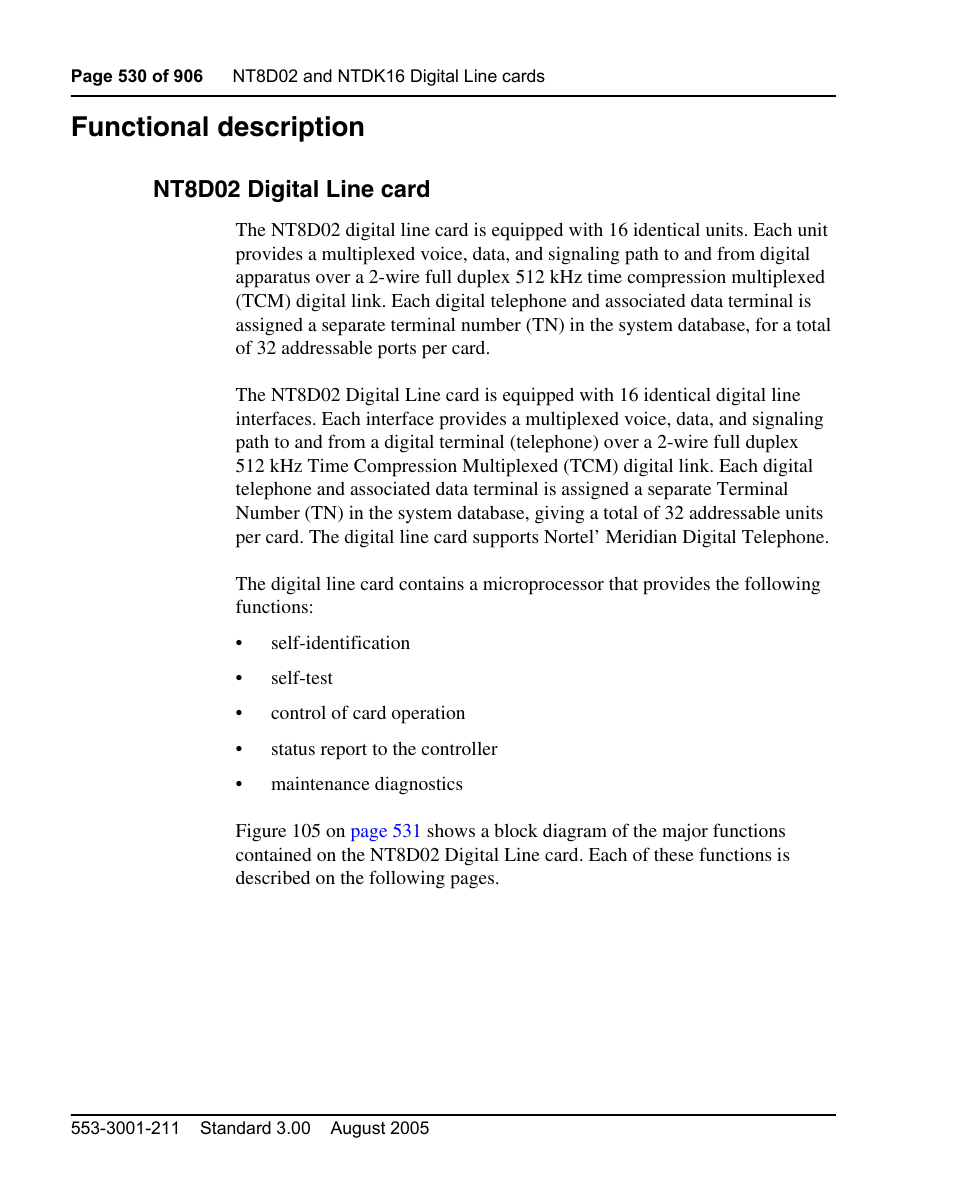 Functional description, Nt8d02 digital line card | Nortel Networks Circuit Card User Manual | Page 530 / 908