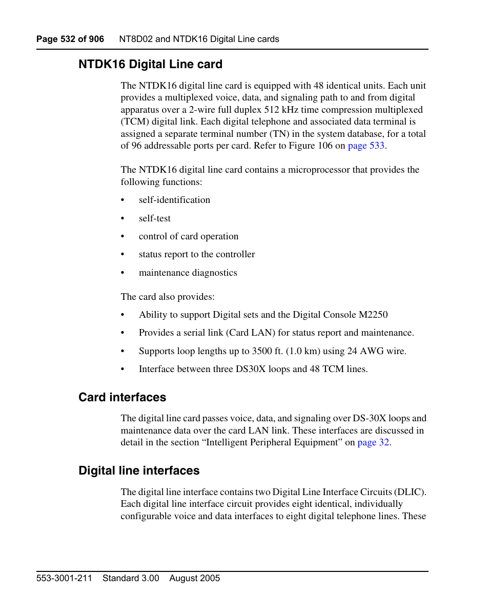 Ntdk16 digital line card, Card interfaces, Digital line interfaces | Nortel Networks Circuit Card User Manual | Page 532 / 908