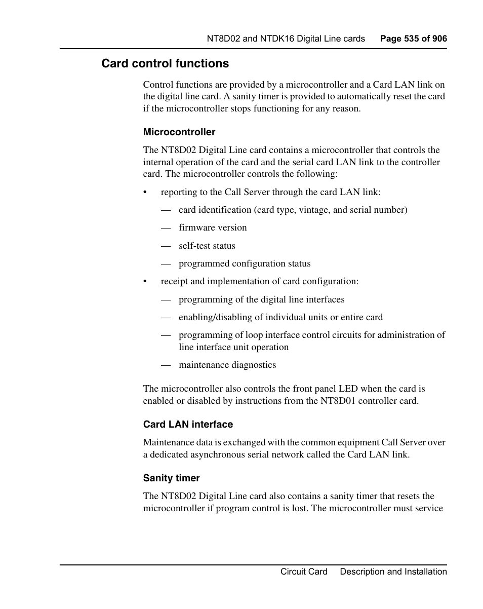 Card control functions | Nortel Networks Circuit Card User Manual | Page 535 / 908