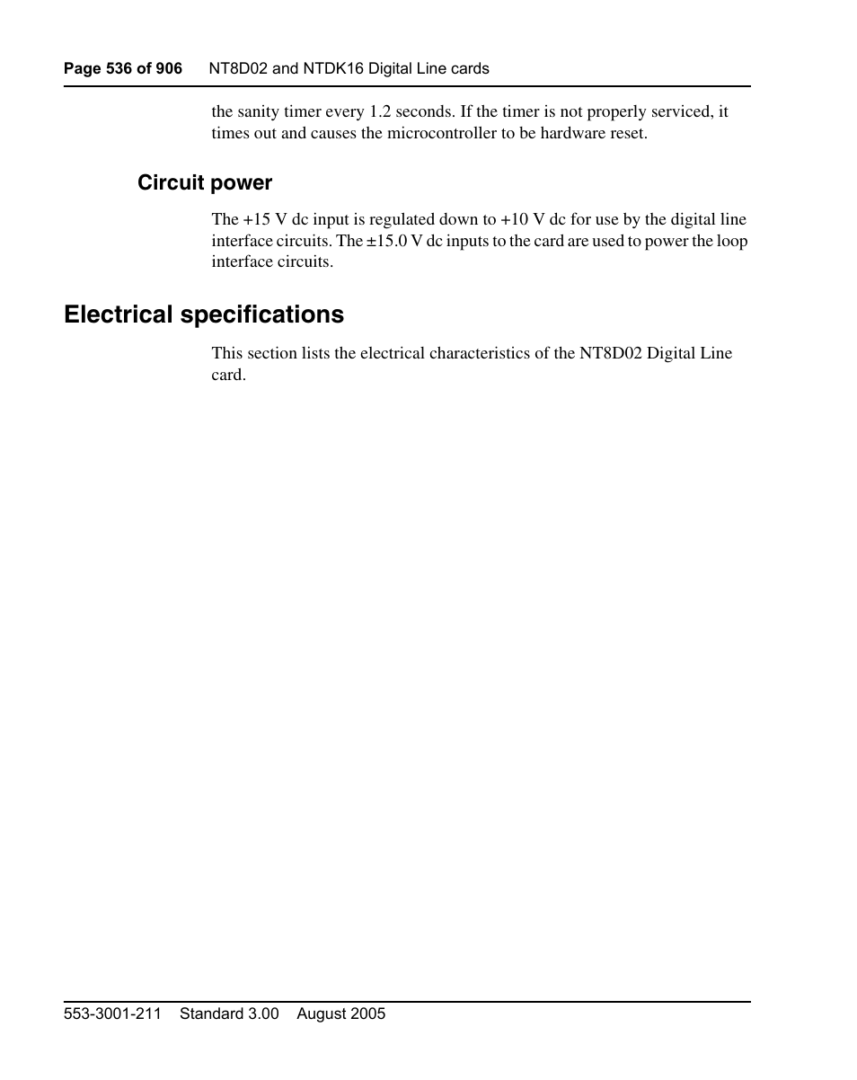 Circuit power, Electrical specifications | Nortel Networks Circuit Card User Manual | Page 536 / 908